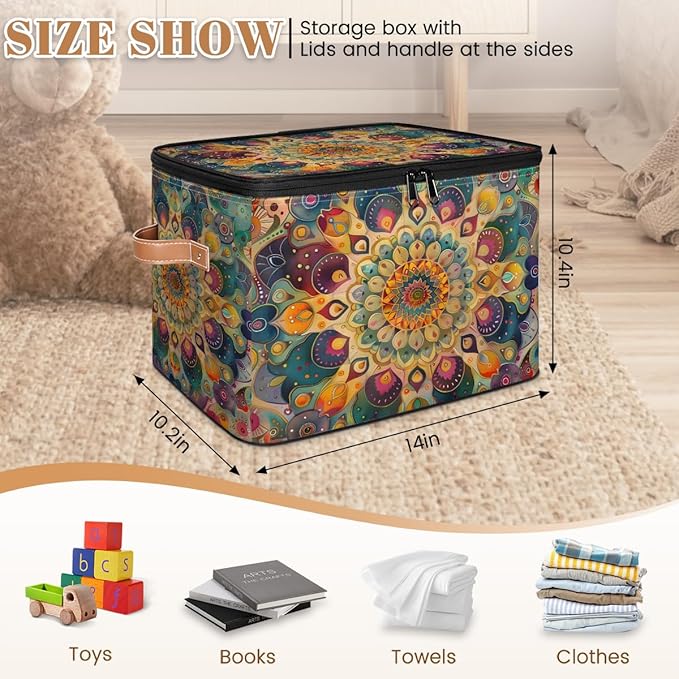 Boho Storage Bins with Zipper Lid Fabric Storage Containers for Clothes Collapsible Closet Storage Basket with Metal Frame 1 Pack