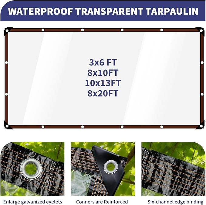 Clear Waterproof Tarp with Grommets, Heavy Duty Vinyl Tarpaulin, Tear Resistant Transparent Cover for Patio, Greenhouse, Garden, Chicken Coop (Includes Ropes & Zip Ties) (3x6FT)