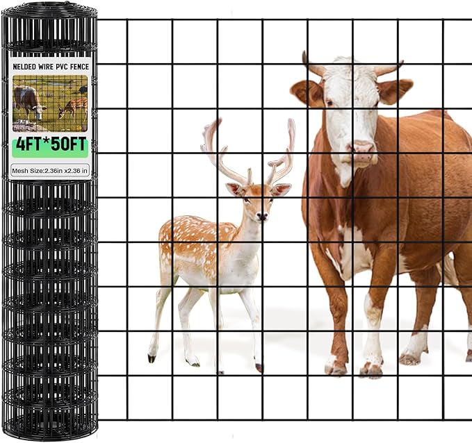 Gisafai Galvanized Welded Wire Fence 4 ft X 50 ft for Dog Chicken Hog Deer Goat Cattle 16GA Garden Border PVC Coated Fencing Roll Border Yard Vegetable Plant Animals Protection Poultry Netting(Black)