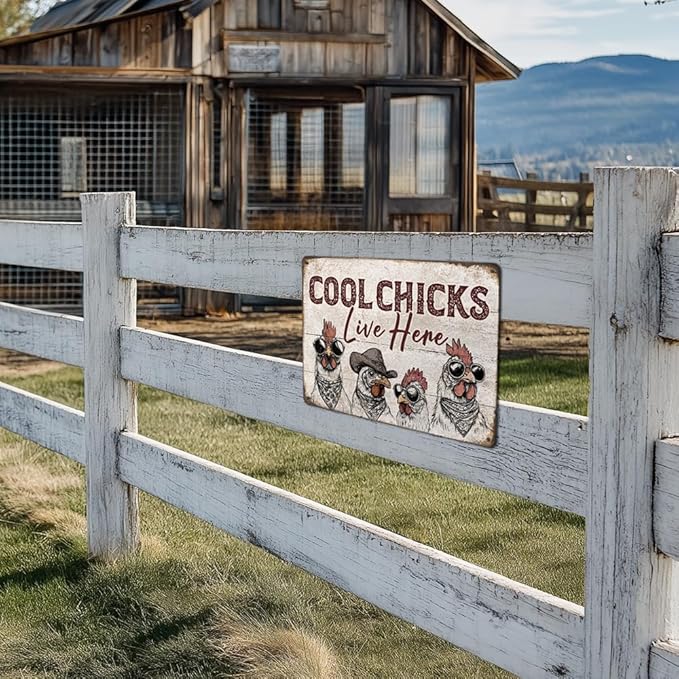 Heuhuww Chicken Coop Decor Cool Chicks Live Here Tin Sign for Farm Home Chicken Coop Vintage Rooster Decor 12" x 8"(H3)