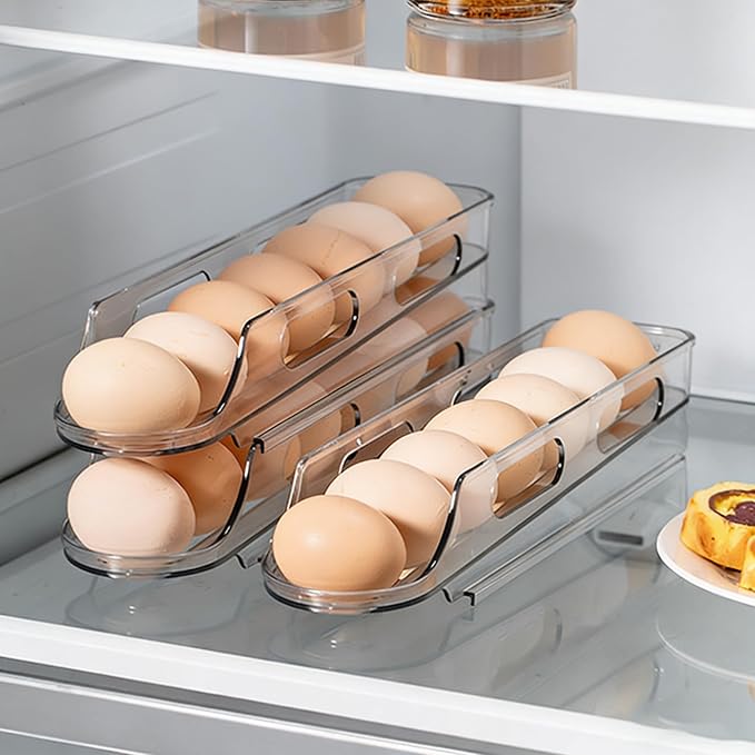 Automatic Rolling Egg Holder for Fridge Clear Countertop Kitchen Storager Container Organizer Dispenser for Refrigerator Stackable Removable, Egg Accessories - (2 pcs of 1-Tire, Stackable)