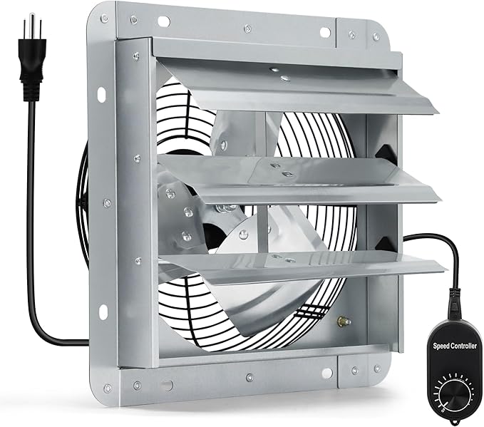 7 Inch Shutter Exhaust Fan with Speed Controller and Power Cord, Wall Mount Attic Fan for Greenhouses, Sheds, Garages, Chicken Coops, Barns Ventilation, 760 CFM
