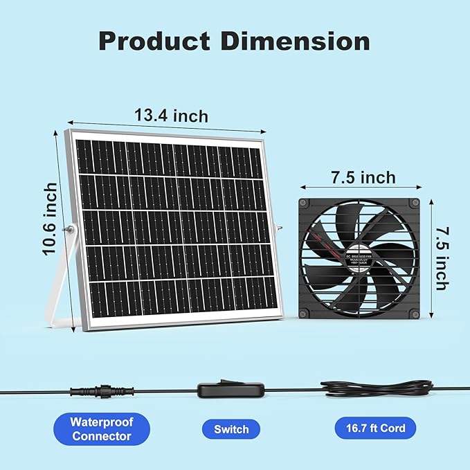 7.5" Solar Chicken Coop Fan 2 Pack, 15W x 2 Solar Powered Greenhouse Fan, Solar Exhaust & Intake Fans Outdoor Waterproof, for Outside Doghouse Shed Pet Air Circulation Ventilation Cooling