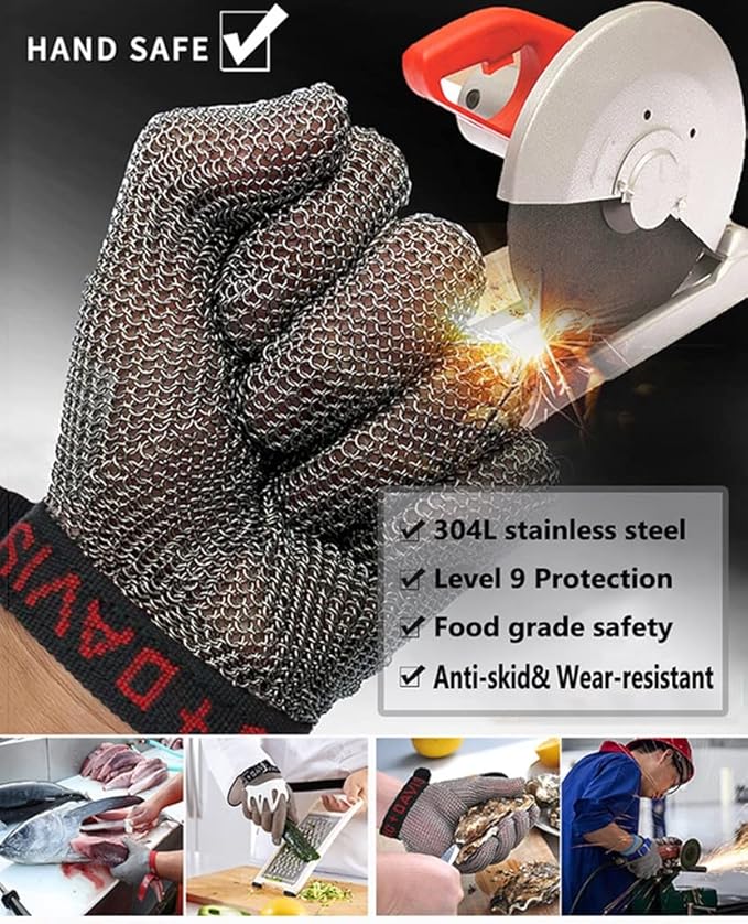 Metal Cut Resistant Chainmail Gloves, Food Grade Safety Chef Meat Cutting Safety Work Gloves, Easy to Clean (Size : 1PCS/L)