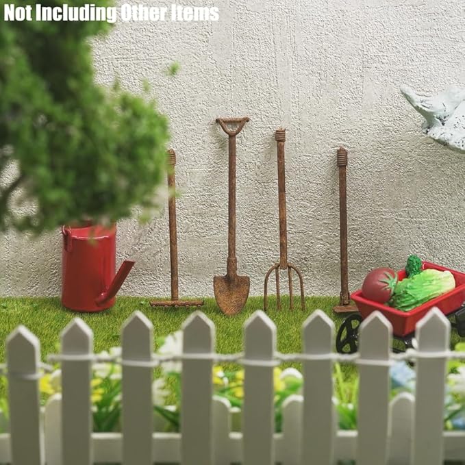 Odoria Dollhouse Gardening Tools Miniature: 1/12 Scale Hoe Rake Distressed Metal Rustic Garden Farm - Mini Hand Weeder Trowel Outdoor Ornaments Model DIY Craft