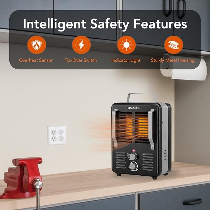 Comfort Zone Electric Portable Milkhouse Style Utility Space Heater with Adjustable Thermostat, Overheat Protection, and Safety Tip-Over Switch, Ideal for Garage or Greenhouse, 1,500W, CZ798BK