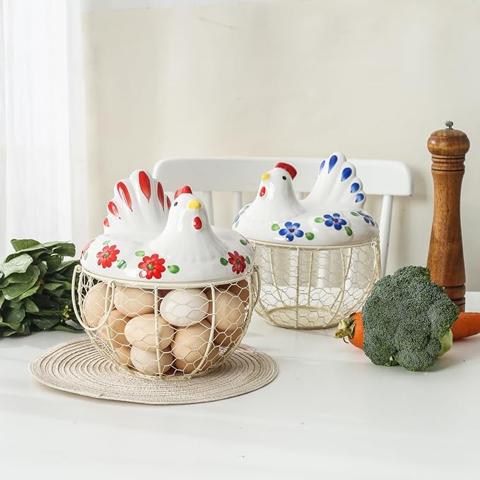 Decorative Egg Basket for Counter,Ceramic Chicken Lid with Wire Basket, Holds 20-25 Eggs