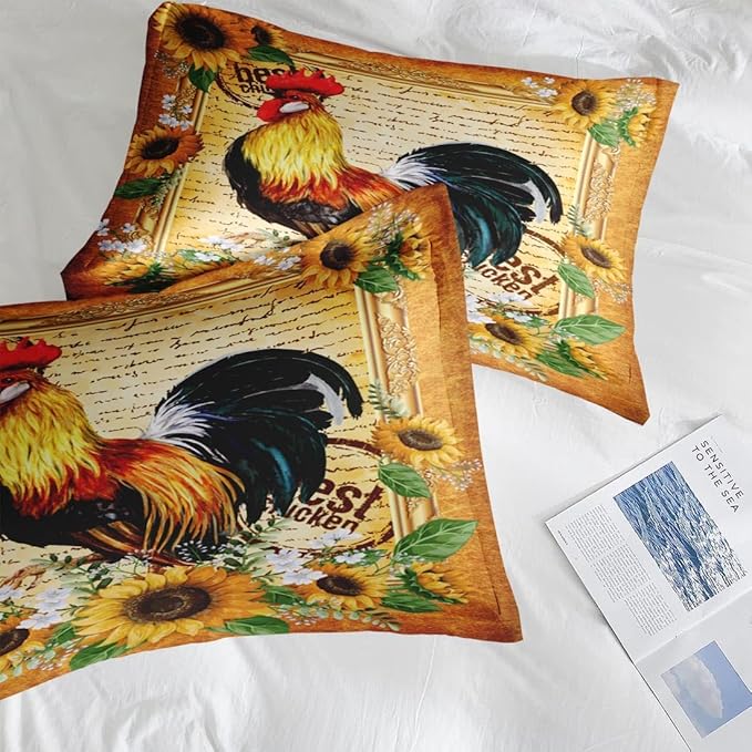 Comforter Set King Size, Rooster Vintage Chicken 7 Pcs Bedding for Kids and Adults, Sunflower Flower Farm Bed Sheet Sets with Fitted Sheet 2 Pillowcases & 2 Shams for Bedroom Bed Decor
