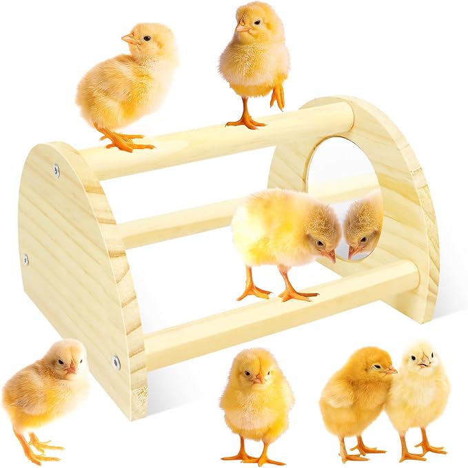 Chicken Perch with Mirror, Strong Pine Wooden Chick Perch Toys for Coop and Brooder for Birds, Baby Chicks, Hens