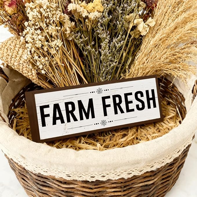 Farm Decor, Farm Fresh Sign, Rustic Farmhouse Wall Decors Art for Home, Living Room, Kitchen, Shelf Decoration, Framed Hanging Wood Sign 9.5x3.1x1 inches