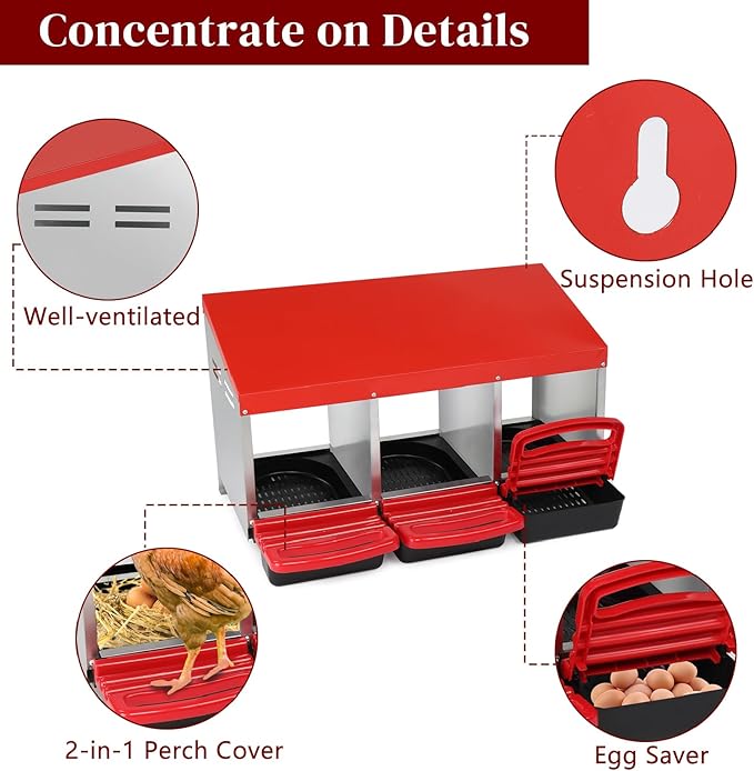 Chicken Nesting Boxes Plastic with Roll Away Egg,3 Compartment Roll Out Chicken Nest Box Egg Laying Box with Lid Cover,Rolling Egg Collection & Protection Chicken Coop for Up to 3 Hens,Red