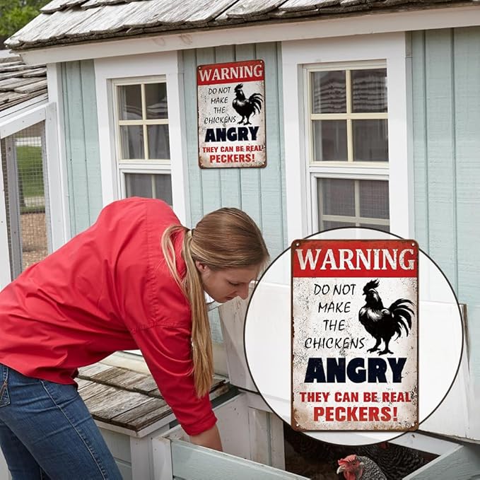 YOYI ART Funny Metal Warning Chicken Signs for Coop - Vintage Tin Sign for Chicken Coop, Outdoor, Kitchen, Farmhouse Wall Decor Art Accessories, Chicken Gifts for Women, 8 x 12 inch