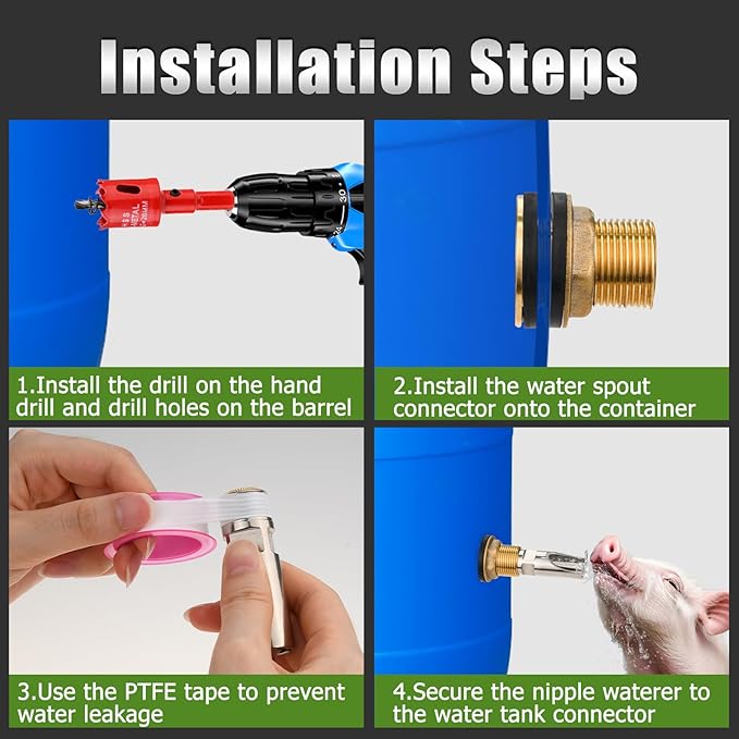 Pig Nipple Waterer, 5 Pcs Stainless Steel Automatic Hog Drinker Feeder Kit for Barrel with Brass Water Tank Connector Bulkhead Fitting for Hog Piglets Goat Waterering System