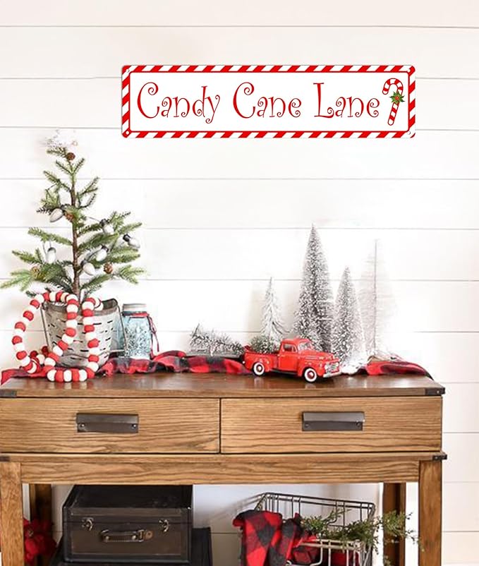 Candy Cane Lane Metal Tin Sign Vintage Funny Christmas Sign for Cafe Home Bar Farmhouse Christmas Art Wall Decoration Retro Poster 4x16 Inch