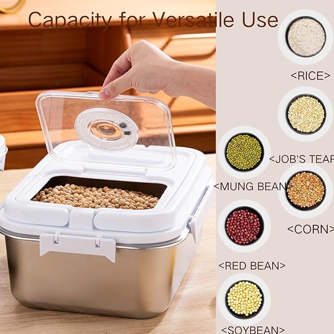 Saim Rice Containers - Stainless Steel Flour Storage Container with Silicone Airtight Lid and Scoop, Measuring Cup/Portable Rice Dispenser for Dry Beans, Oatmeal and Grains (15 Lbs)