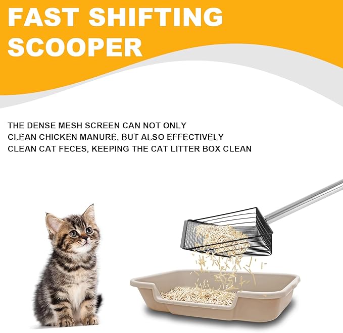 10 Inch Chicken Coop Poop Scoop, Metal Litter Shovel with 22–77" Adjustable Stainless-Steel Handle, Screw-Connected Design, Wide Sifting Scoop for Sand and Fine Shavings, Poultry Coop Cleaning Tool