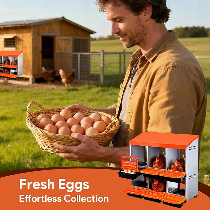 Chicken Nesting Boxes with 6 Cozy and Roll-Away Design - Chicken coop Nesting Boxes,Private Laying Spot & Enables Effortless Egg Collection (Orange)