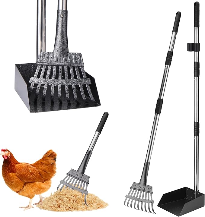 Mity Rain Chicken Coop Accessories, 2-in-1 Ergonomical Chicken Scooper for Cleaning and Sifting, Adjustable Poo Rake with Space-Saving Tray and Rake, Backyard Coops Supplies