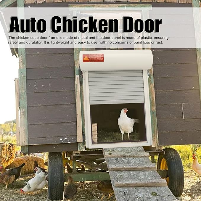 Pwshymi Automatic Chicken Coop Door, Solar Powered Chicken Door Opener with Timer LED Display for Duck Goose Poultry Safety (White)