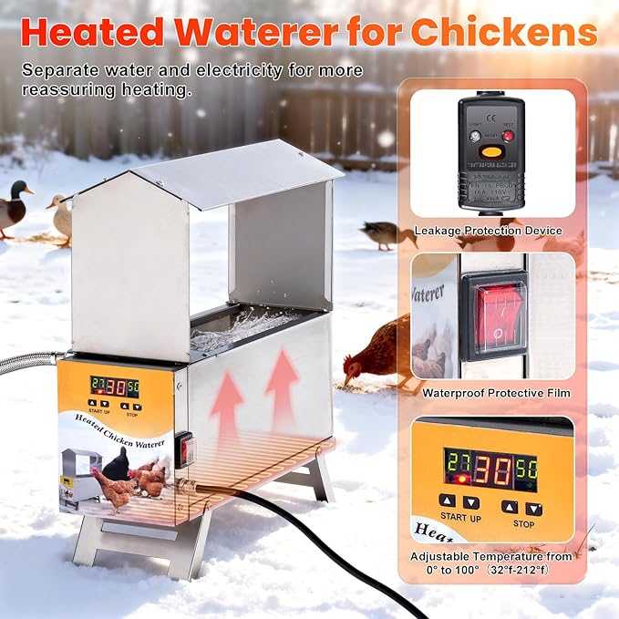 Heated Waterer for Chickens 2 Gallon Heated Chicken Waterer for Winter Chicken Water Heater with Adjustable Leg Anti-Freeze Poultry Duck Drinker Water Dispenser Heater Chicken Coop Accessories