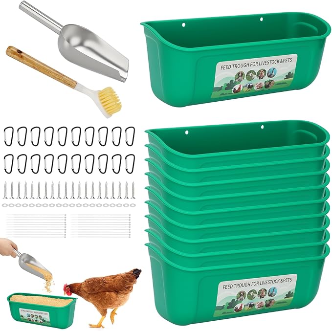 10 Pack Fence Feed Feeder 4.5 Quart Hanging Chicken Feeder Trough with Brush & Scoop Green Goat Hanging Fence Feeders Feeder with Hooks Screws & Zip Tie for Livestock Feeding Container Goats Supplies