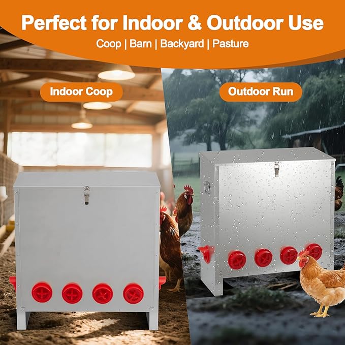 Automatic Chicken Feeder 85-120lbs Capacity, Galvanized Metal Poultry Feeding Equipment, Rainproof & Rodent Proof Large Chicken Food Dispenser for Backyard Coop & Farm Use (6 Ports)
