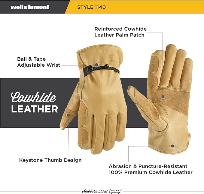 Wells Lamont Leather Work Gloves for Men – Heavy Duty, Cowhide, Abrasion & Puncture Resistant – Adjustable Wrist, Gunn Cut Design, Ideal for Ranching, Farming, Construction - Timber - L