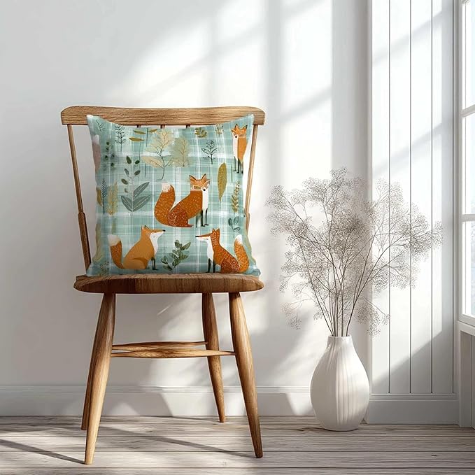 Fox Plaid Farmhouse Throw Pillow Covers 18x18 Inch, Set of 2 | Woodland Cottagecore Square Cushion Cases for Couch Bedroom Nursery | Farmhouse Forest Animal Home Decorative Pillowcases