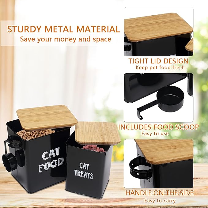 Cat Food Storage Container Farmhouse Pet Food Treats Bin with Lid and Scoop, Perfect Sturdy Canister Tins for Kitchen Countertop, Shelf, Great Gift for Pet Owners - Cat Food - Black