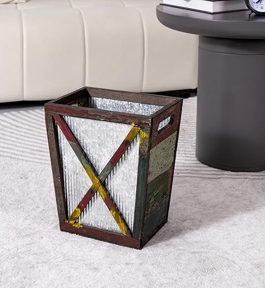 Small Wood Trash Can Wastebasket, Decorative Barn Door Garbage Can Waste Basket, Rustic Distressed Rectangular Trash Bin, Farmhouse Wooden Storage Basket Waste Paper Bin (Random)