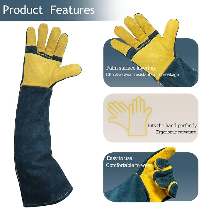 Animal Handling Gloves Bite Resistant, 23.6'' Anti Scratch Gloves for Cats, Bite Proof Leather Pet Glove for Grabbing Cat Reptile Puppy Bird Poultry or Gardening Welding (Reinforced Palm)
