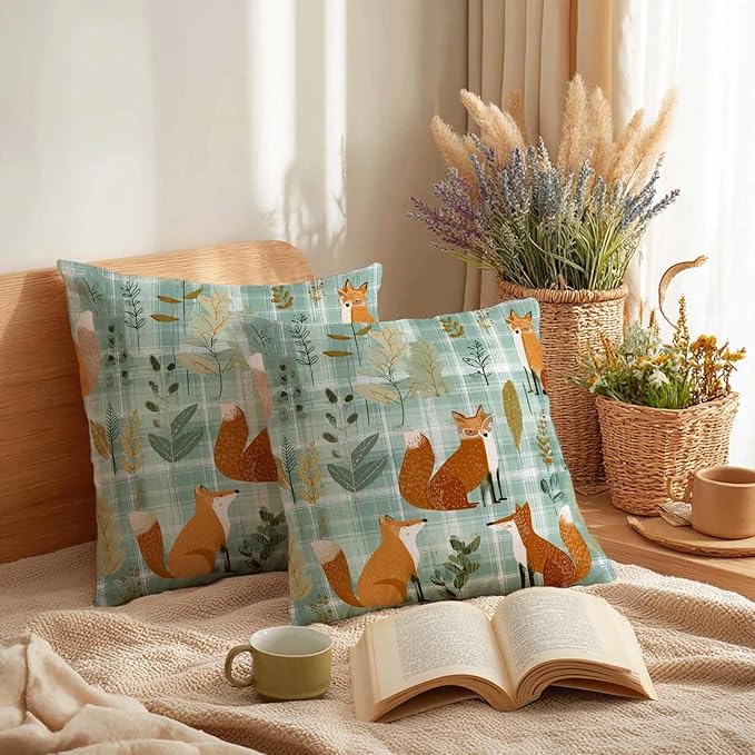 Fox Plaid Farmhouse Throw Pillow Covers 18x18 Inch, Set of 2 | Woodland Cottagecore Square Cushion Cases for Couch Bedroom Nursery | Farmhouse Forest Animal Home Decorative Pillowcases