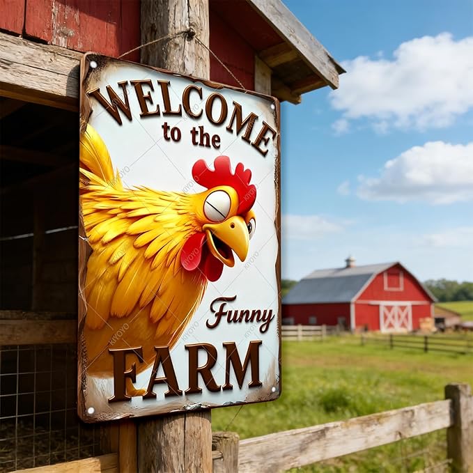 Funny Sign Rooster Decor Welcome To The Funny Farm Rustic Tin Sign for Home Farm Chicken Coop Decor 16x12 Inch