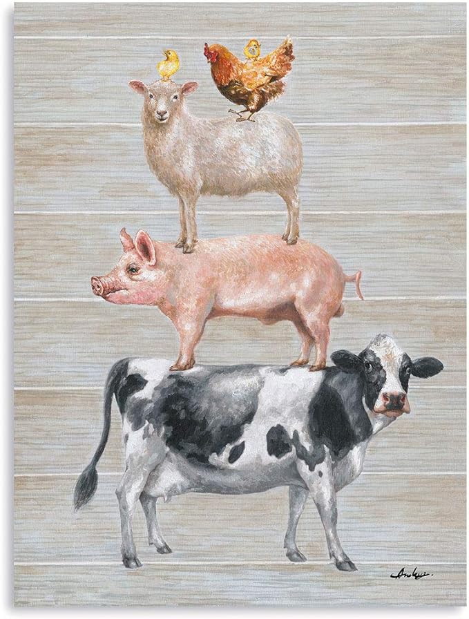 Yidepot Farmhouse Wall Decor Canvas Print: Farm Animals Cow Pig Sheep and Rooster Sit on Top of Each Other Inspirational Posters for Kitchen Framed Ready to Hang (12"x15"x1 Panel)