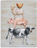 Yidepot Farmhouse Wall Decor Canvas Print: Farm Animals Cow Pig Sheep and Rooster Sit on Top of Each Other Inspirational Posters for Kitchen Framed Ready to Hang (12"x15"x1 Panel)