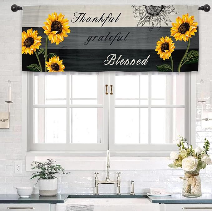 Farmhouse Sunflower Rustic Kitchen Curtain Valance 54W x 18L Inch Wood Wooden Country Rural Rod Pocket Short Cafe Small Window Treatment Drapes Decor