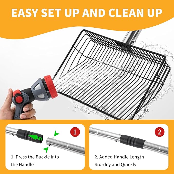 HitTopss Metal Chicken Poop Scooper, Large Chicken Coop Scoop with 24" to 68" Adjustable Stainless Steel Handle, Litter Sifting Shovel Chicken Coop Ccooper for Sand, Pet, Chicken, Cat (10 inch)