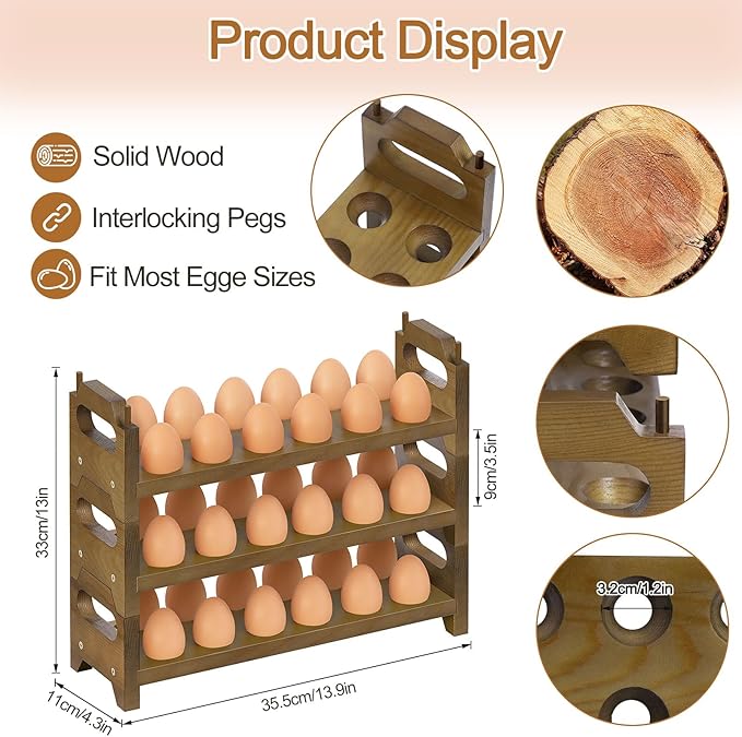 Wooden Egg Holder for Countertop, 3 Tier Egg Rack for 36 Eggs, Kitchen Counter Wood Egg Organizer Tray Racks, Fits Quail, Duck, Turkey, Chicken Eggs
