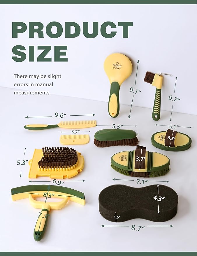11-Piece Professional Horse Grooming Kit with Waterproof Tote Bag, Non-Slip Silicone Grip Brush Set, Curry Comb, Hoof Pick & Mane Comb Pasture Glow