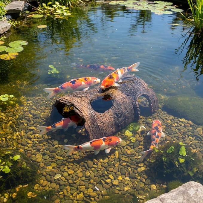 Faux Log Fish Cave for Ponds - All-Weather Aquarium Hideout & Koi Pond Decor with Predator Protection, Durable Shelter for Outdoor Ponds, Fish Tanks and Terrariums, 19''.
