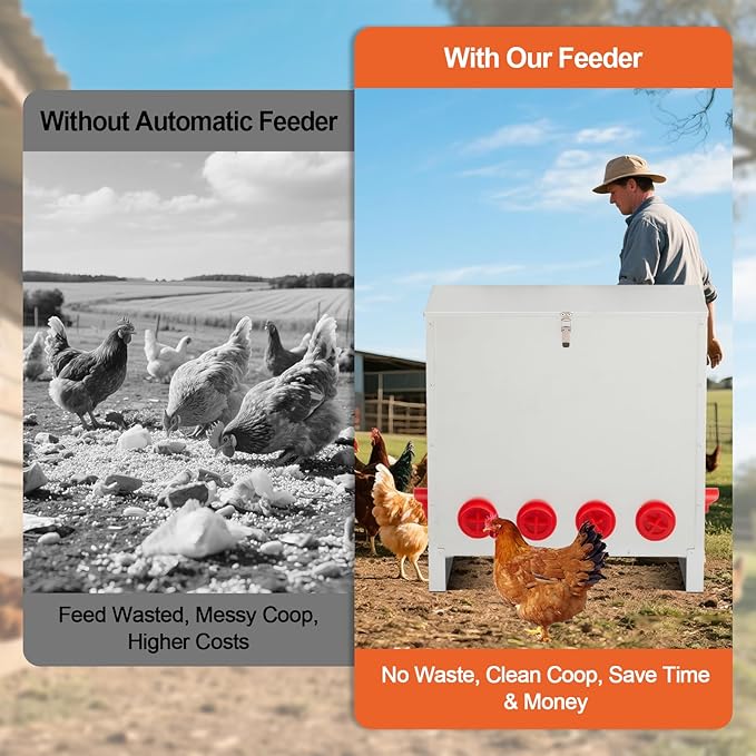 Large Automatic Chicken Feeder 85-120lbs, Galvanized Metal Chicken Food Dispenser, Rainproof & Rodent Proof No Waste Poultry Feeder for Backyard Coop, Farm, Ducks & Hens (10 Ports)