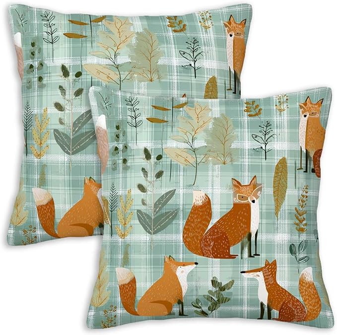 Fox Plaid Farmhouse Throw Pillow Covers 18x18 Inch, Set of 2 | Woodland Cottagecore Square Cushion Cases for Couch Bedroom Nursery | Farmhouse Forest Animal Home Decorative Pillowcases