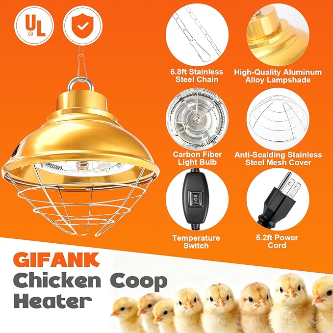 Chicken Heat Lamp 350W,Chicken Coop Heater with Carbon Fiber Bulb,Winter Hanging Heat Lamp for Chickens Brooder,Two-Temperature Adjustable (175/350W) for Puppy,Kitten and Poultry