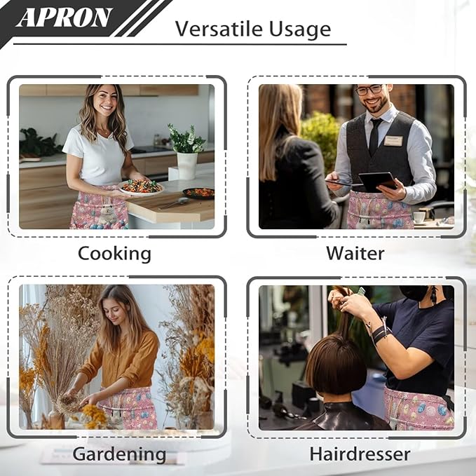Waist Apron with 3 Pockets Waterproof 13 Inch Short Half Waist Aprons Women Men Server Aprons Waitress Waiter Apron