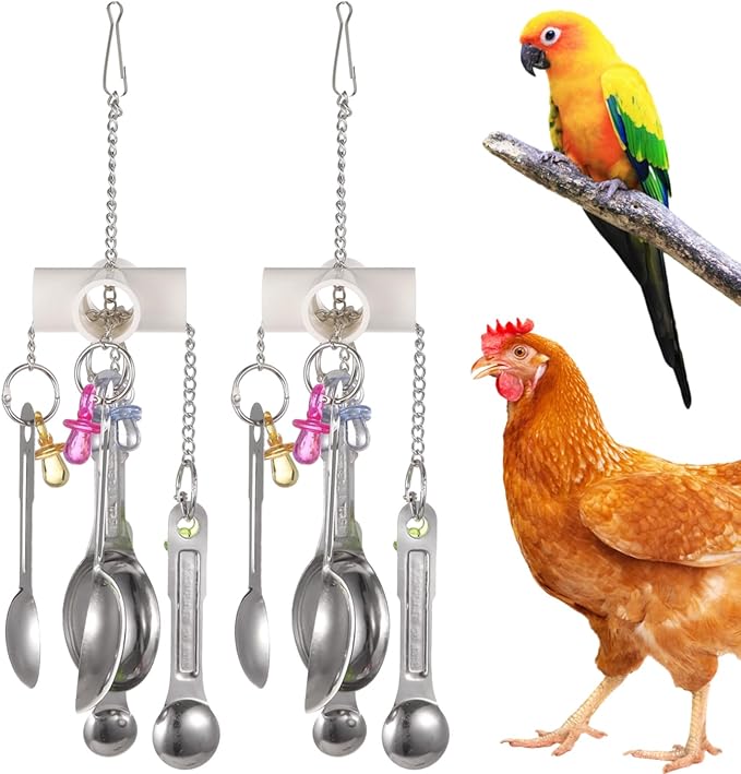 2 Pcs Chicken Enrichment Toys, Hanging Bird Toys with Metal Spoons, Colorful Chewing Foraging Toys, Poultry Coop Accessories for Chickens, Hens, Ducks, Parrots