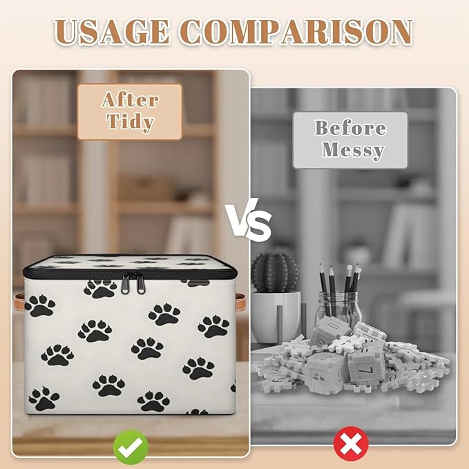 Storage Cubes with Lid Fabric Storage Bins Boxes PU Leather Handles, Dog Pet Paw Print Closet Organizer Container Foldable Washable Shelf Cloth Basket, Cat Pet Paw