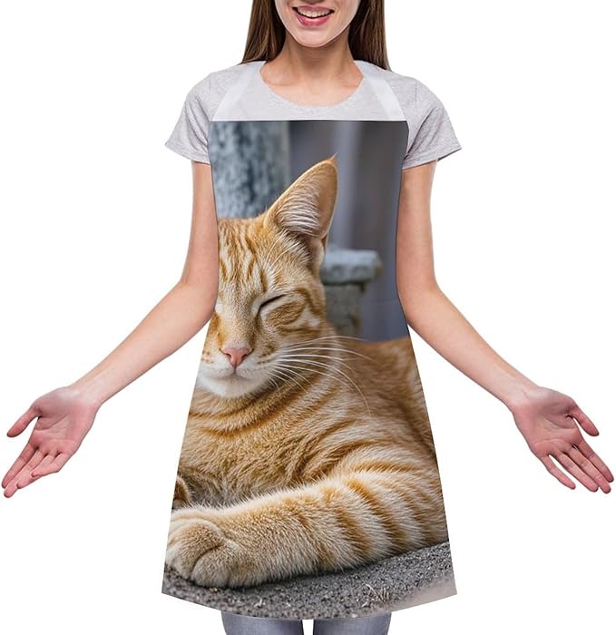 Waterproof Apron Adjustable Bib Aprons with Pockets Orange Cat Sleeping Apron Kitchen Aprons for Women Men
