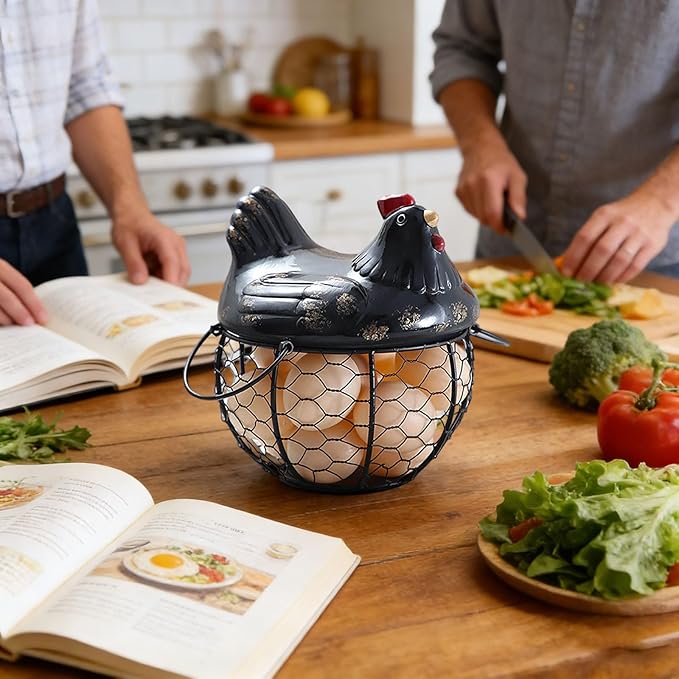 Egg Storage Organizer for Kitchen Countertop, Ceramic Chicken Lid with Wire Basket Dispenser, Black Chicken Egg Holder for Fresh Eggs, Rustics Egg Dispenser Rack for Farmhouse Decor (Black)