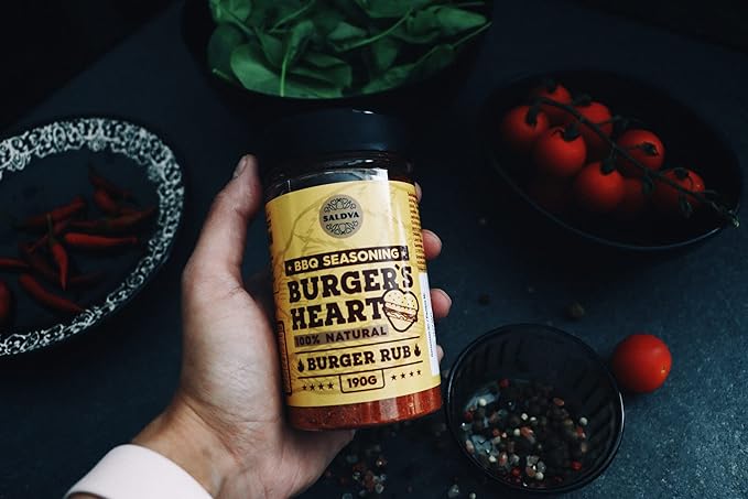 Burger's Heart BBQ Burger Rub - 100% Natural BBQ Seasoning - Classic Seasoning Mix For Extraordinary Tasting Burgers - Beef, Pork, Poultry, Veggie Patties - Large Jar (190g)