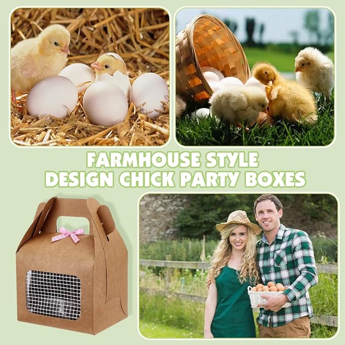 OLYCRAFT 20Pcs Chicken Party Favor Boxes Foldable Chicken Box with Bowknot Paper Straw Adhesive Nets Farm Animal Party Boxes Complete Farm Animal Box Kit Decoration for Chick Farms Theme Partys